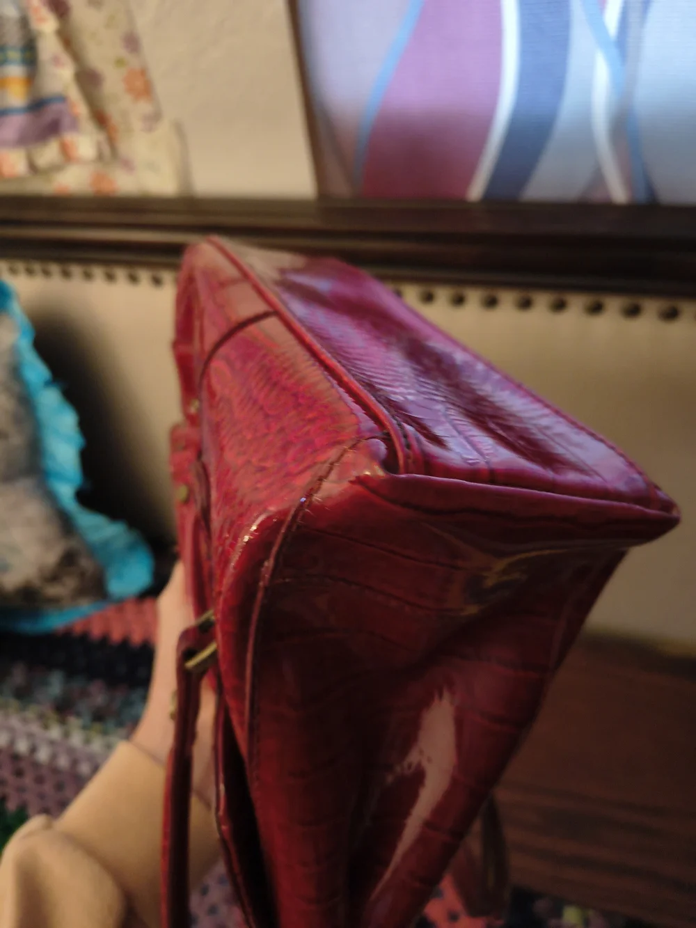 Liz Claiborne Maroon Croc-Embossed Patent Leather Satchel